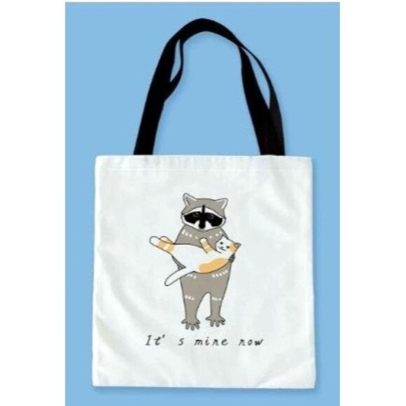 Raccoon and Cat Shopper Tote White with Black Handles - Picture 1 of 2